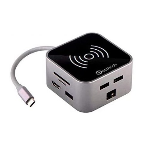 HUB TIPO C Y CARGADOR INALAMBRICO GETTTECH GHW-69401 HDMI/RJ45/SD/3.5