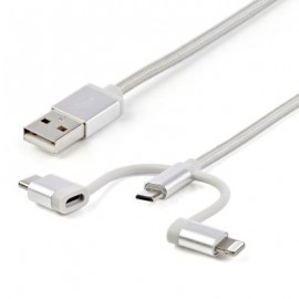 CABLE STARTECH USB A LIGHTNING/USB-C/MICRO USB MACHO 1M PLATA