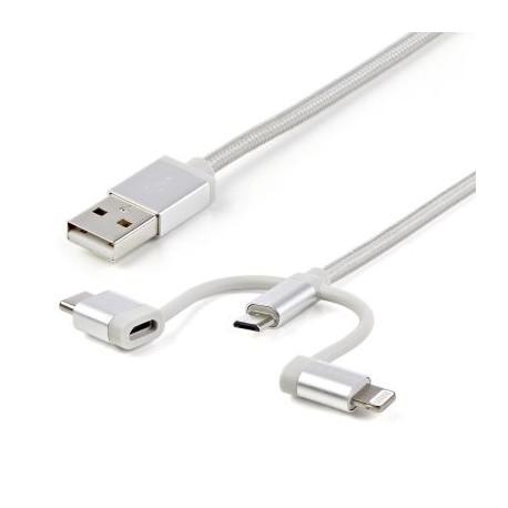 CABLE STARTECH USB A LIGHTNING/USB-C/MICRO USB MACHO 1M PLATA