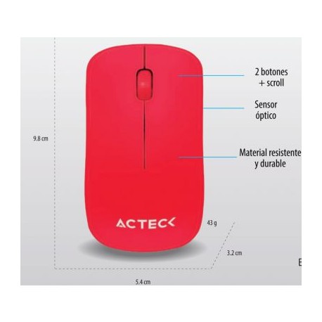 MOUSE ACTECK ENTRY ROJO 3 BOTONES + SCROLL INALAMBRICO 1000 DPI